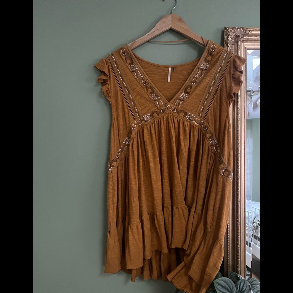 Free People Marigold Yellow Embroidered Shirt Dress